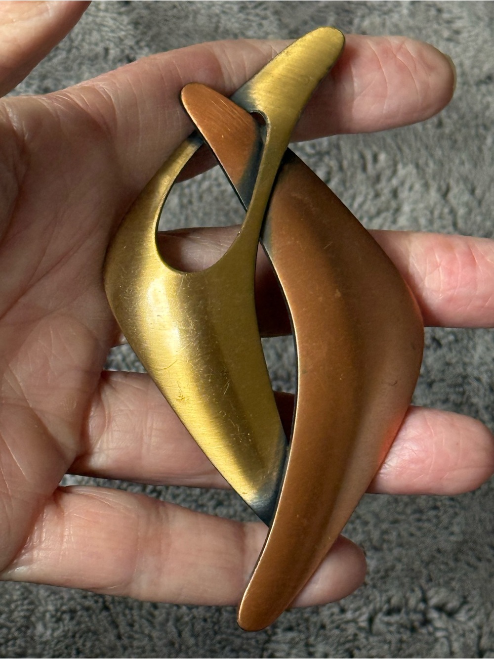 Vintage Kim Craftsmen modernist copper and brass boomerang pin, signed. MCM